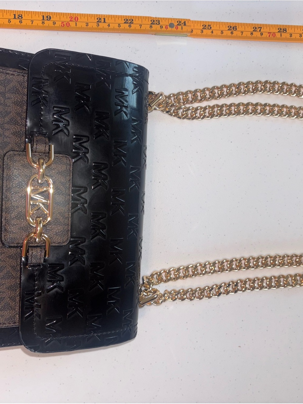 MICHAEL Michael Kors Black Logo-Embossed Crossbody with Gold Chain Strap